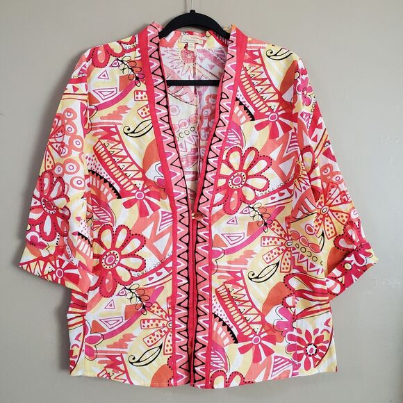 Choices Womens Linen Blazer Top Size M Pink Floral 3/4 Sleeve 1-Button Hippie - Picture 4 of 10